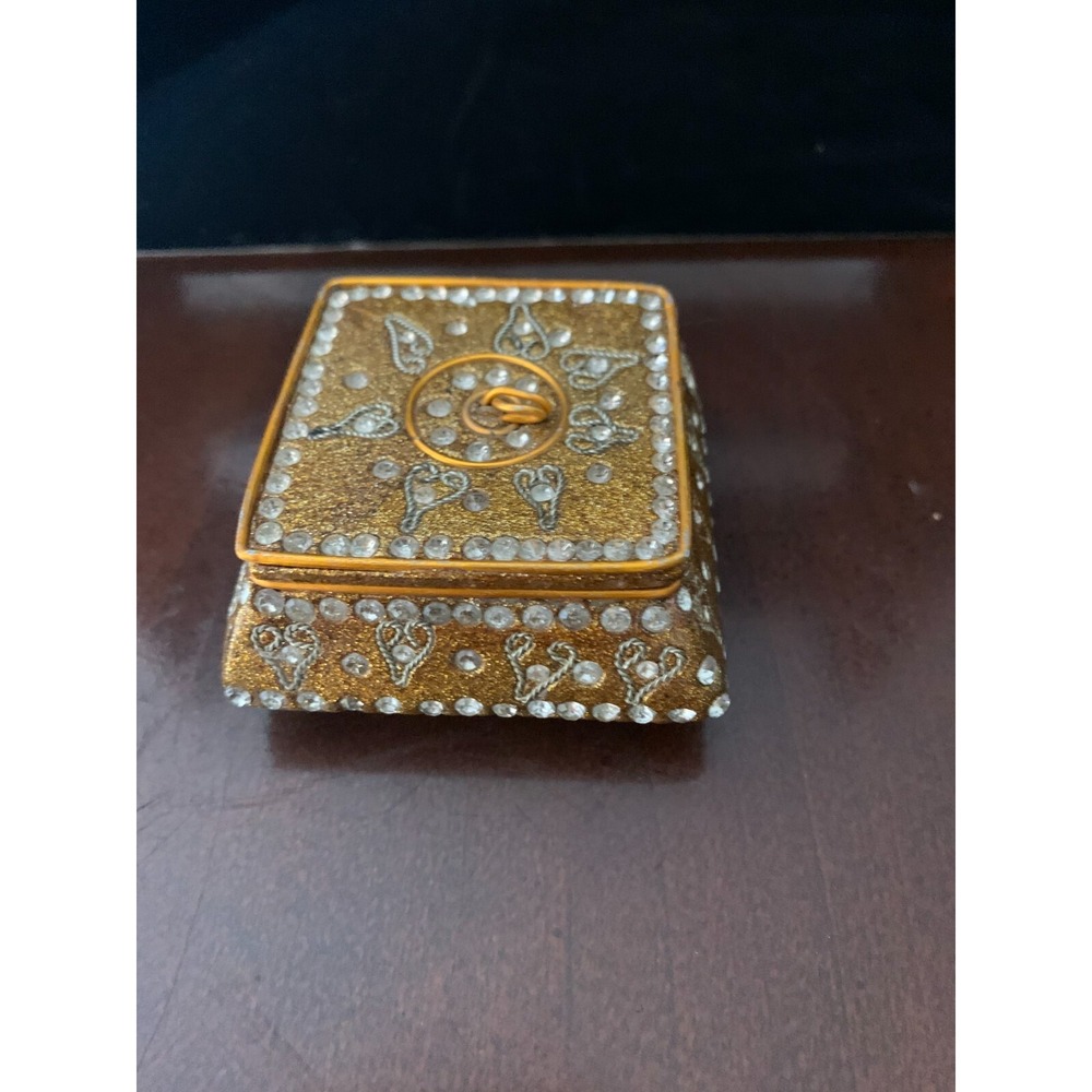 Gold Sparkle Trinket Jewelry Box Holder Clear Rhinestone Inlay Square Resin